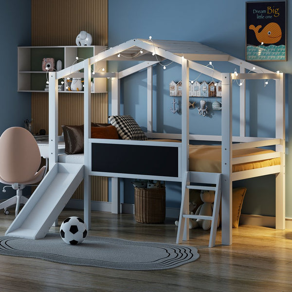 English Elm Twin House Loft Bed with Slide Chalkboard Panel and Led Roofline for Kids White WF324323AAK
