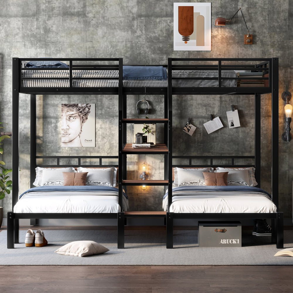 English Elm Twin Triple Bunk Bed Black Metal Frame with Built-in Storage Stairs and Shelves W1580S00620