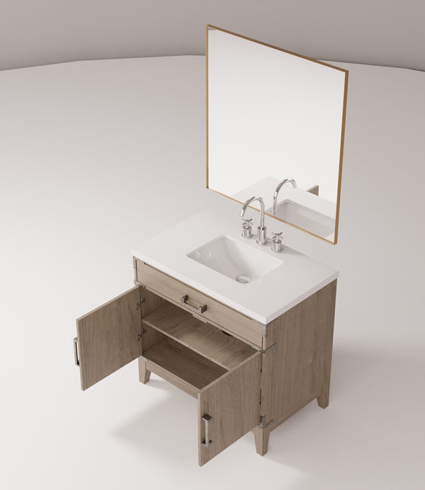 English Elm Grey Oak Single Bath Vanity with White Quartz Top, Chrome Faucet & 34" Mirror — Durable Wood Finish B2731S02012