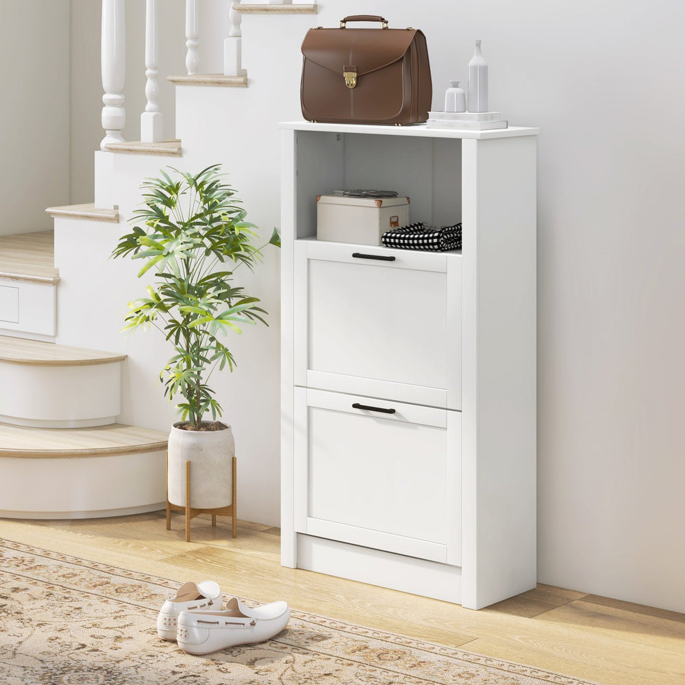 English Elm HOMCOM Narrow Shoe Storage Cabinet with Open Shelf & 2 Flip Drawers, Adjustable Shelves, White W2225P173976