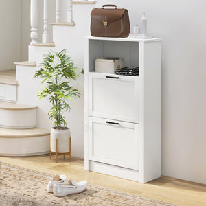 English Elm HOMCOM Narrow Shoe Storage Cabinet with Open Shelf & 2 Flip Drawers, Adjustable Shelves, White W2225P173976