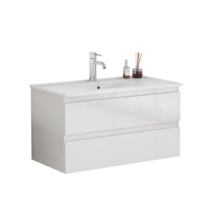English Elm 36-inch Glossy White Bathroom Vanity with Ceramic Sink Soft Close Drawers Minimalist W3151S00065