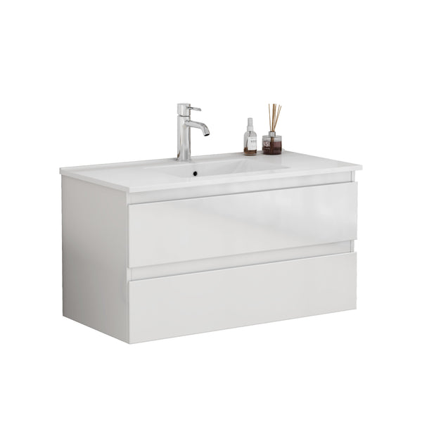 English Elm 36-inch Glossy White Bathroom Vanity with Ceramic Sink Soft Close Drawers Minimalist W3151S00065