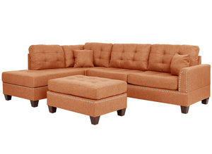 English Elm 3 Piece Reversible Sectional Sofa Set with Ottoman in Citrus Orange — Tufted, Nailhead Trim, Plush Comfort B089S00177