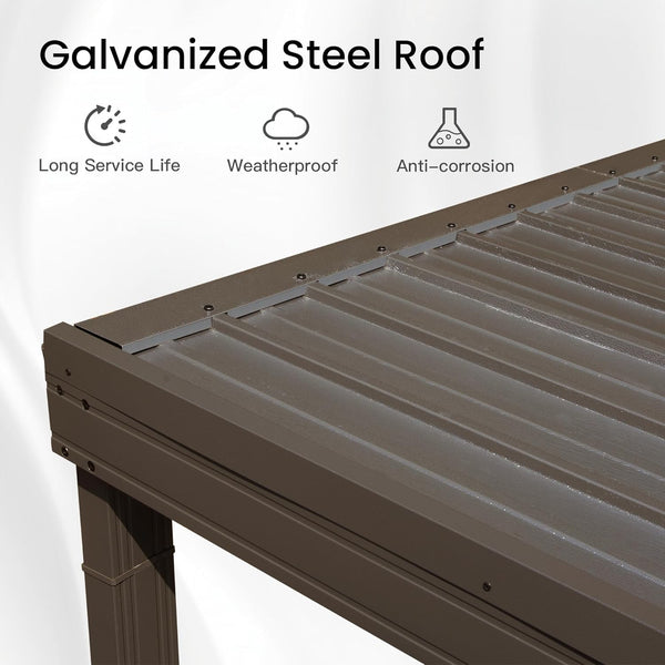 English Elm 10x14ft Lean to Hardtop Gazebo Wall Mounted Steel Roof Shelter for Deck Porch Brown W1859S00196