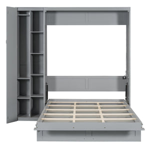 English Elm Full Size Murphy Bed with Open Shelving Wardrobe and Led Lighting for Studio Spaces Gray LP000898AAE