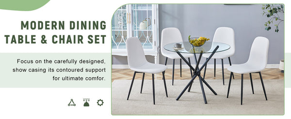 English Elm Table Set - Contemporary 36.6" Round Tempered Glass Dining Table With 4 White Linen Chairs For Modern Homes W1151S03670-GIGA