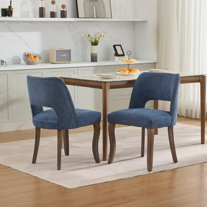 English Elm Wooden Modern Fabric Dining Chairs Set of 2 with Hollow-Out Back, Copper Nail Detail, Curved Legs Blue W1143P372914