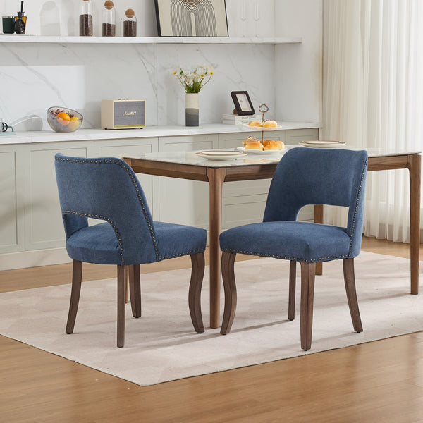 English Elm Wooden Modern Fabric Dining Chairs Set of 2 with Hollow-Out Back, Copper Nail Detail, Curved Legs Blue W1143P372914