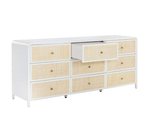 Sunpan TIERRA Dresser - Coastal Charm with Artisan Rattan, Antique White Finish, 9 Spacious Drawers for Storage 109790
