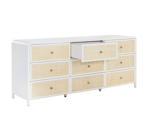 Sunpan TIERRA Dresser - Coastal Charm with Artisan Rattan, Antique White Finish, 9 Spacious Drawers for Storage 109790