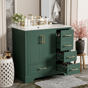 English Elm 36" Traditional Bathroom Vanity with Ceramic Sink, Solid Wood Cabinet, Soft-Close Doors & Drawers Green N729P251630F