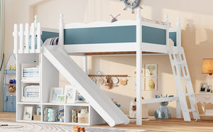 English Elm Full Loft Bed With Slide, Storage Shelves & Cabinet - Solid Wood Design For Fun & Organization! W1580S00246