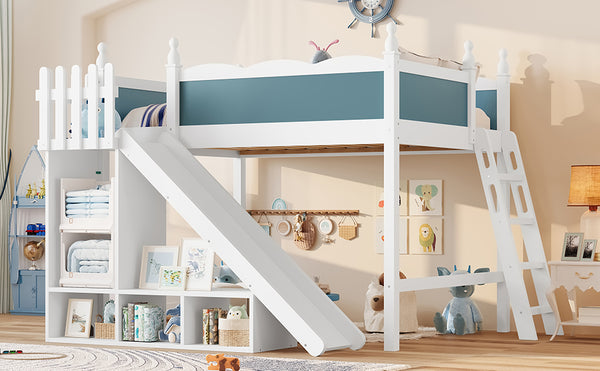 English Elm Full Loft Bed With Slide, Storage Shelves & Cabinet - Solid Wood Design For Fun & Organization! W1580S00246