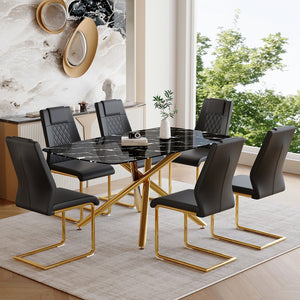 English Elm Table and Chair Set Marble Glass Top with Sculptural Gold Legs Six Seat Glam Dining Black+Gold W1151S03293
