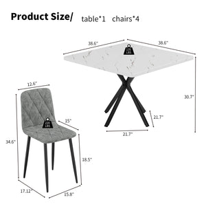 English Elm Square MDF Dining Set for 4 with Faux Marble Top, Mid-Century Modern Iron Legs, Easy-Clean Surface White+gray W578S00023