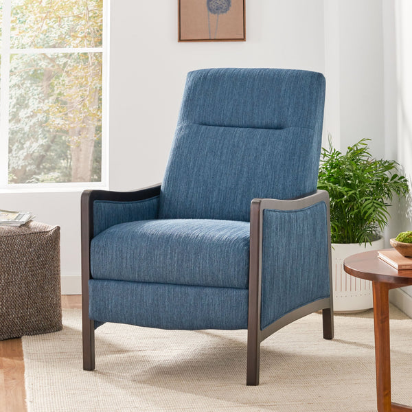 English Elm Christopher Knight Home® - Fabric Recliner Chair Mid-Century Push-Back Upholstered Armchair with Thick Cushion and Birch Frame Navy Blue 70449.00