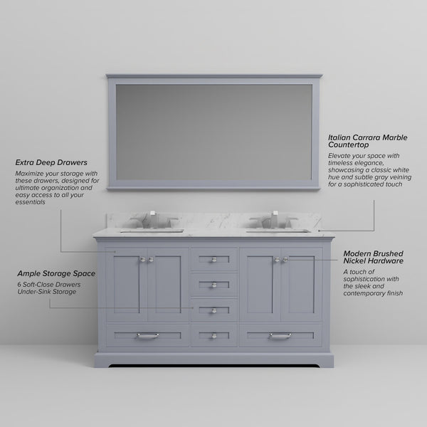 English Elm Dark Grey Double Bath Vanity 60 in W x 22 in D with Carrara Marble Top, Soft-Close Drawers & Faucet Set B2731P258375