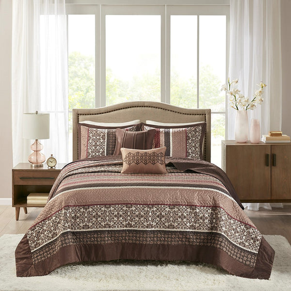 English Elm 5 Princeton Reversible Jacquard Quilt Set King/Cal King Chocolate Medallion Leaf Stripe Luxury Red 22.64 L x 17.52 W x 7.68 H B03597544