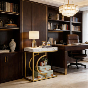 English Elm Stable C-shaped Side Table Faux Marble Top Gold Metal Frame Sofa Arm Accent T3971P446749