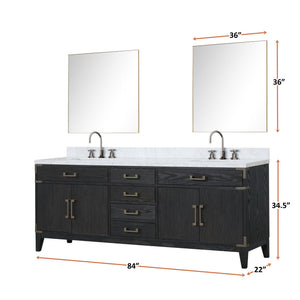 English Elm Black Oak Double Bath Vanity With Carrara Marble Top, Chrome Faucets & 2 Matching Mirrors, 84" W B2731S02193
