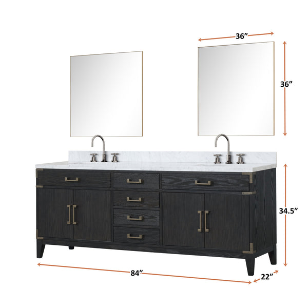 English Elm Black Oak Double Bath Vanity With Carrara Marble Top, Chrome Faucets & 2 Matching Mirrors, 84" W B2731S02193