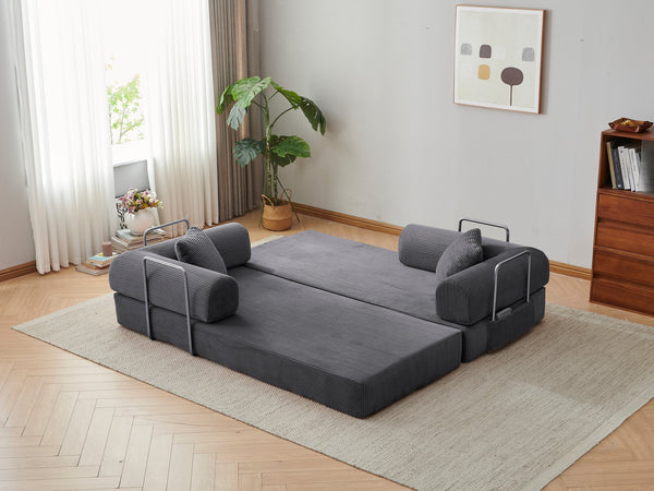 English Elm 78.8" Corduroy Modular Floor Sofa Convertible Sleeper Futon with Pillow Back Support Gray W5617P456004