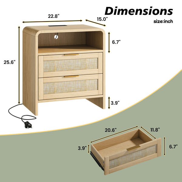 English Elm Rattan Drawer Nightstand Set with Built-in Charging Station and Open Shelf Bedroom Storage Oak W1820P416763
