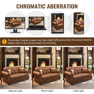 English Elm Upholstered Faux Leather Chesterfield Sofa Mid-century Tufted Nailhead Trim 3 Seater Brown W1885S00435