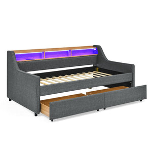 English Elm Twin Size Upholstery Sofa Bed With Led Lights & Storage Drawers, Wireless Charging, Grey Linen Design W1413S00055-GIGA