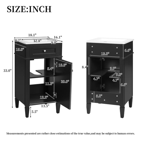 English Elm 18-inch French Style Freestanding Bathroom Vanity with Ceramic Sink Soft Close Storage Black N710P411340B