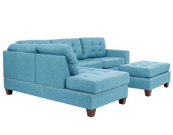 English Elm 3 Piece Reversible Sectional Sofa Set with Ottoman, Tufted Linen-Look Cushions and Nailhead Trim, Versatile Comfort for Living Rooms Aqua 25 L x 40 W x 9 H B089S00175
