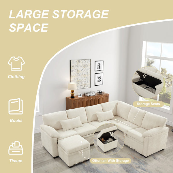 English Elm 97 Inch L-shaped Chenille Sectional Sofa with Sleeper Storage Ottoman 7 Seats Beige W1669S00017