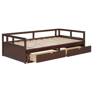 English Elm Wooden Twin to King Daybed with Trundle and Storage Drawers for Guest Rooms Espresso N708P336539P