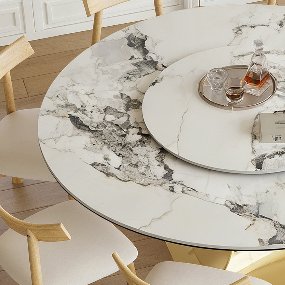 English Elm 59" Round Sintered Stone Table Set Seats Eight with Gold Hourglass Base Lazy Susan W2700S00131