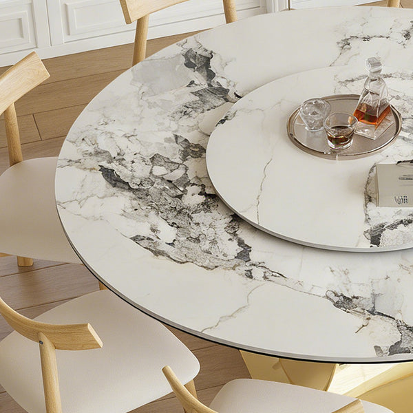 English Elm 59" Round Sintered Stone Table Set Seats Eight with Gold Hourglass Base Lazy Susan W2700S00131
