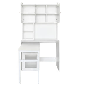 English Elm Computer Desk with Glass Doors, Hutch & Drawer Storage, Rotating 90° Desktop and Spacious Work Surface White W331S00194