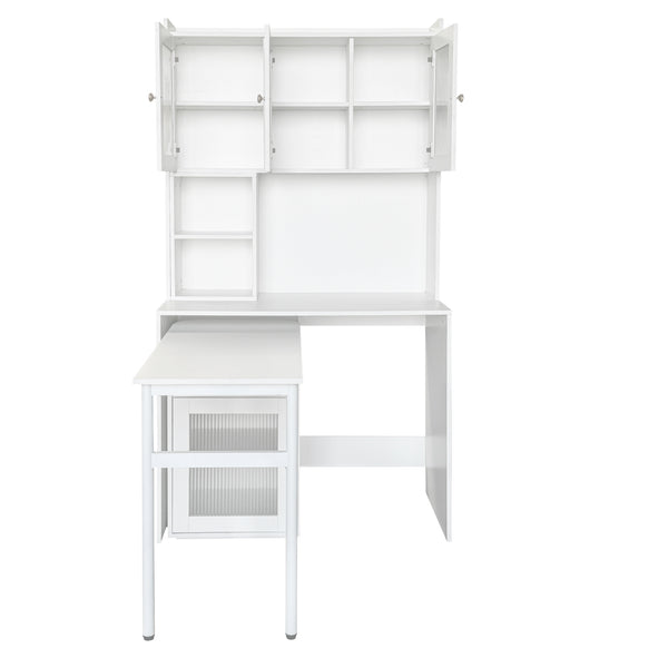 English Elm Computer Desk with Glass Doors, Hutch & Drawer Storage, Rotating 90° Desktop and Spacious Work Surface White W331S00194