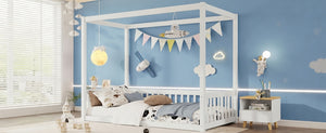 English Elm Twin Canopy Floor Bed Rubberwood Frame with Fence Guardrails for Kids Bedroom White W504P351802