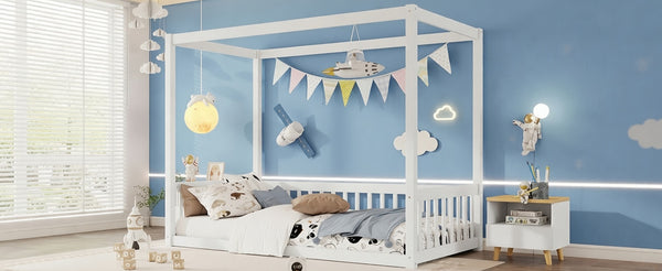 English Elm Twin Canopy Floor Bed Rubberwood Frame with Fence Guardrails for Kids Bedroom White W504P351802