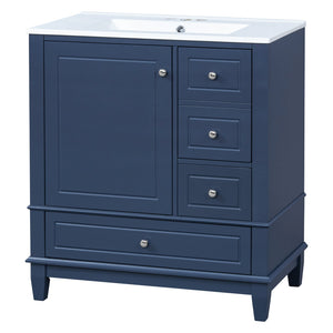 English Elm Christopher Knight Home® - 30" Freestanding Bathroom Vanity with Ceramic Sink, Soft-Close Door, Gold Knobs & 3 Drawers, Durable Painted Finish Blue N759P225994C