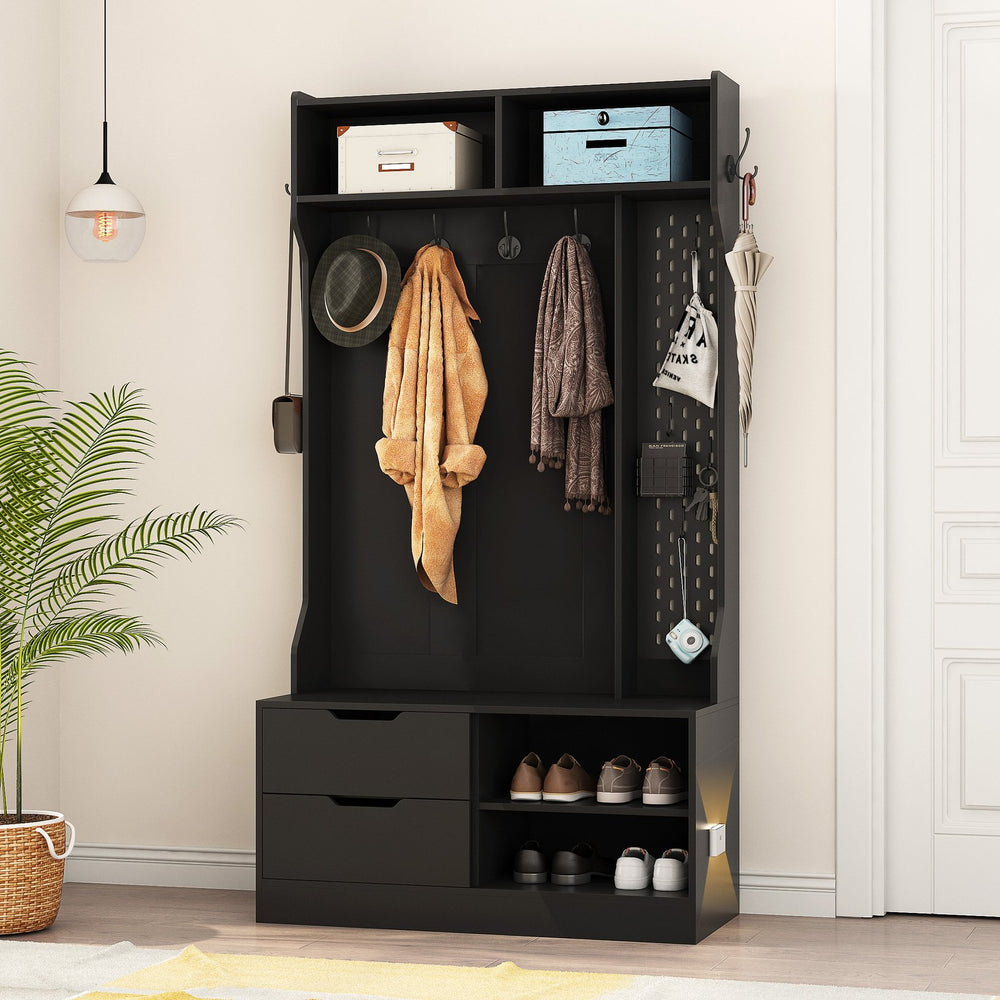 English Elm Hall Tree with Bench Six Hooks Open Shelves Matte Black Mdf Entryway Organizer W1321P444289