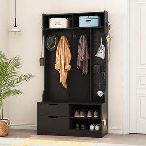 English Elm Hall Tree with Bench Six Hooks Open Shelves Matte Black Mdf Entryway Organizer W1321P444289
