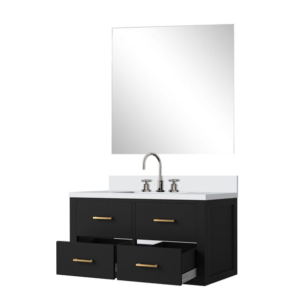 English Elm Black Single Bath Vanity Set With Cultured Marble Top, Chrome Gooseneck Faucet & Frameless Mirror B2731S01989