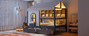 English Elm Full Size Kids House Bed with Led Bookshelf Storage Drawers and Charging Station Gray LP000378AAE