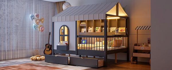 English Elm Full Size Kids House Bed with Led Bookshelf Storage Drawers and Charging Station Gray LP000378AAE