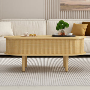 English Elm Fluted Oval Lift Top Coffee Table with Hidden Storage Mid-century Modern Living Room Natural Wood W2641P384387