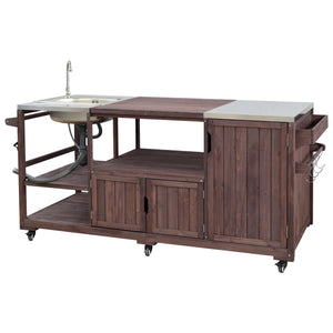English Elm K&k Solid Fir Outdoor Kitchen Island with Sink Stainless Steel Top and Grill Cutout Brown N707S000022Z