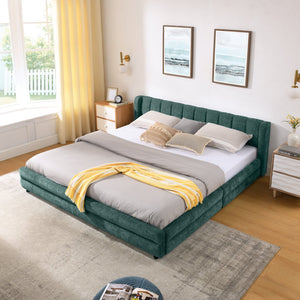 English Elm King Chenille Upholstered Platform Bed with Storage Drawers and Structured Headboard Blue+Green W487S00416
