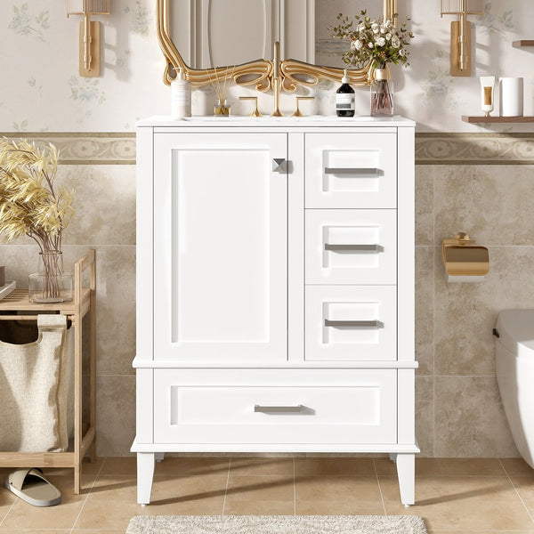 English Elm 24" Olive Bathroom Vanity Solid Wood Frame Ceramic Sink Gold Hardware Soft Close White N729P373276K